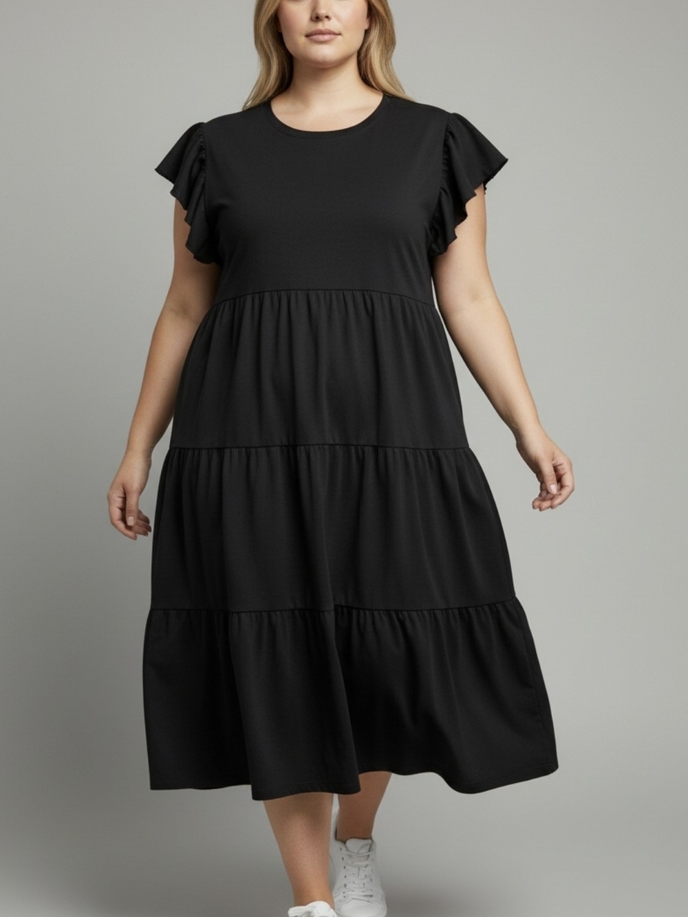 just be Black Tiered Midi Dress with Flutter Sleeves